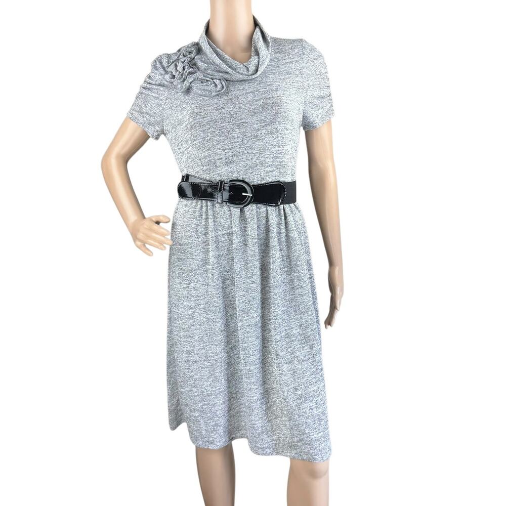 NWT Maurices Heather Gray Cowl Neck Ruffle Floral Belted Sweater Dress M